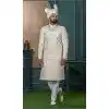 Men Embroidery Silk Cream Ethnic Wedding Sherwani Plus Size