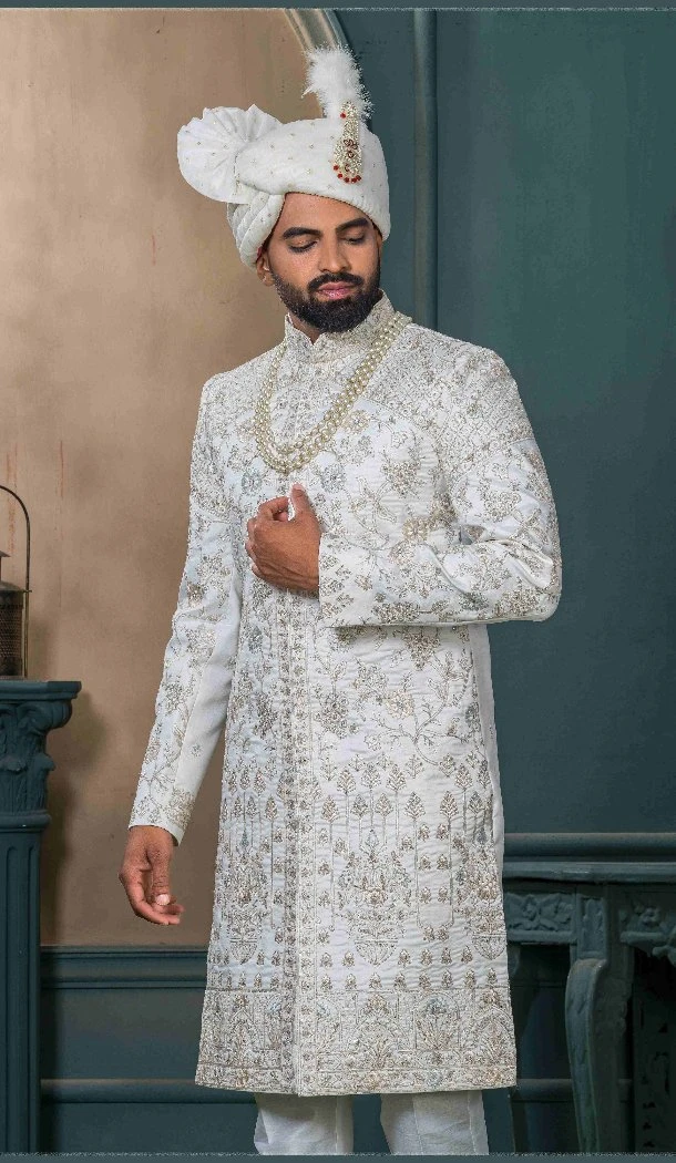 Men Embroidery Off white Silk Ethnic Wedding Sherwani - 13278211993
