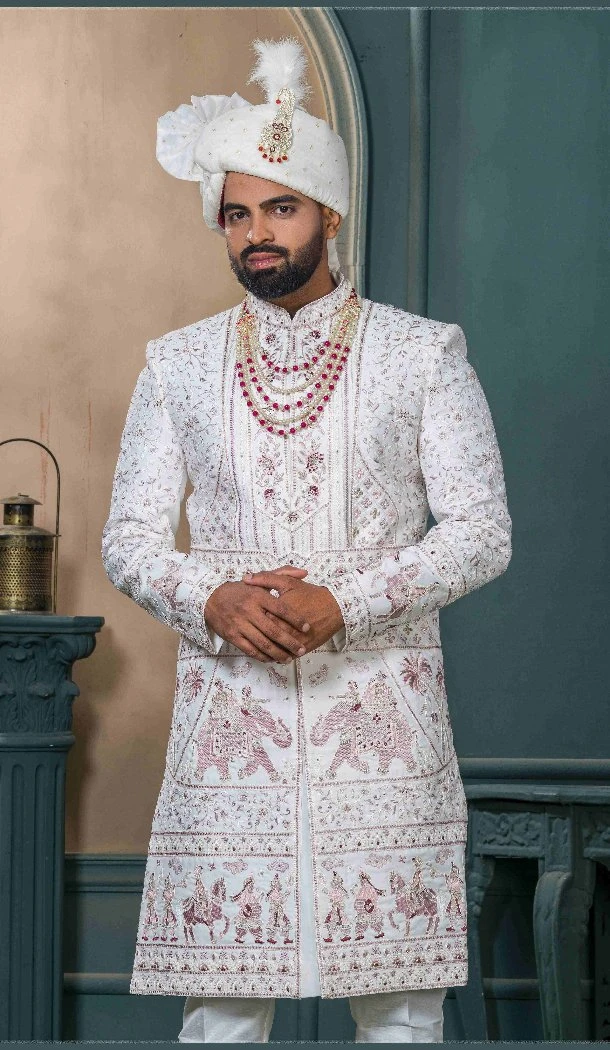 Men Off white Embroidery Silk Ethnic Wedding Sherwani - 13278211994