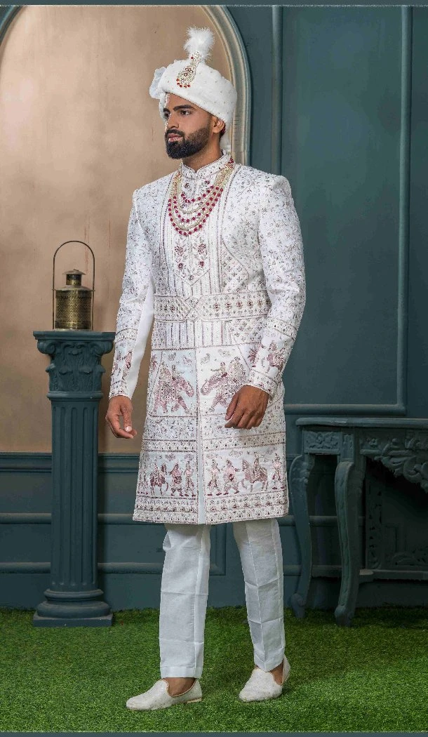 Men Off white Embroidery Silk Ethnic Wedding Sherwani - 13278211994