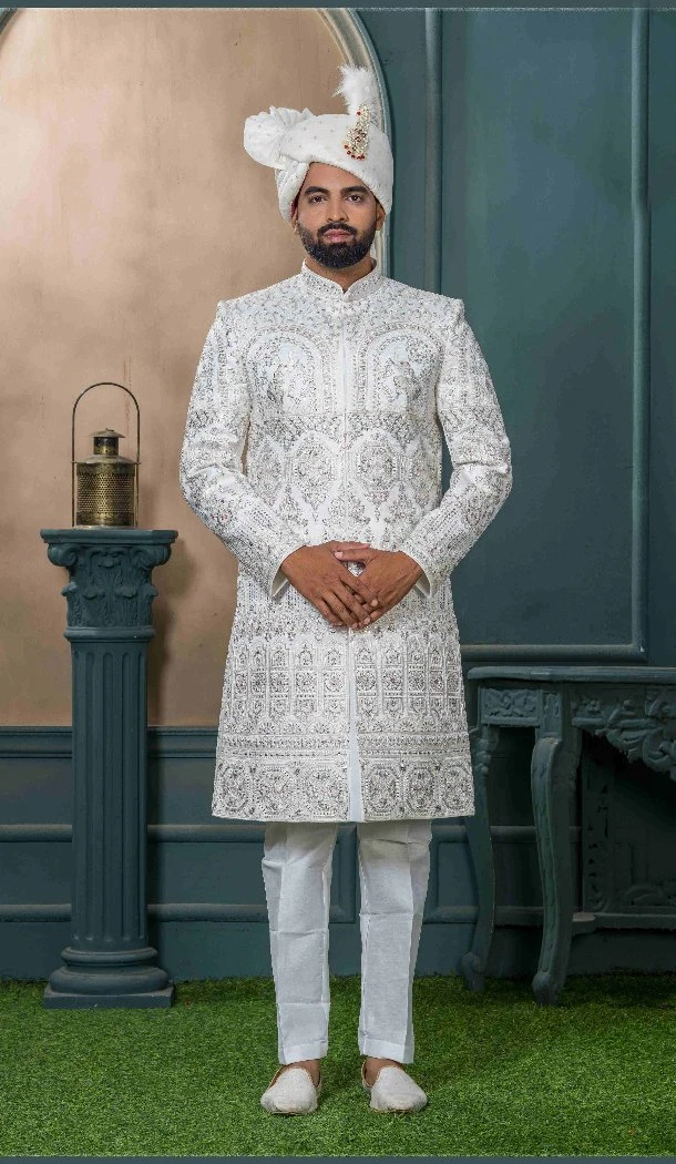 Men Silk Off white Ethnic Wedding Sherwani Embroidery - 13278211995