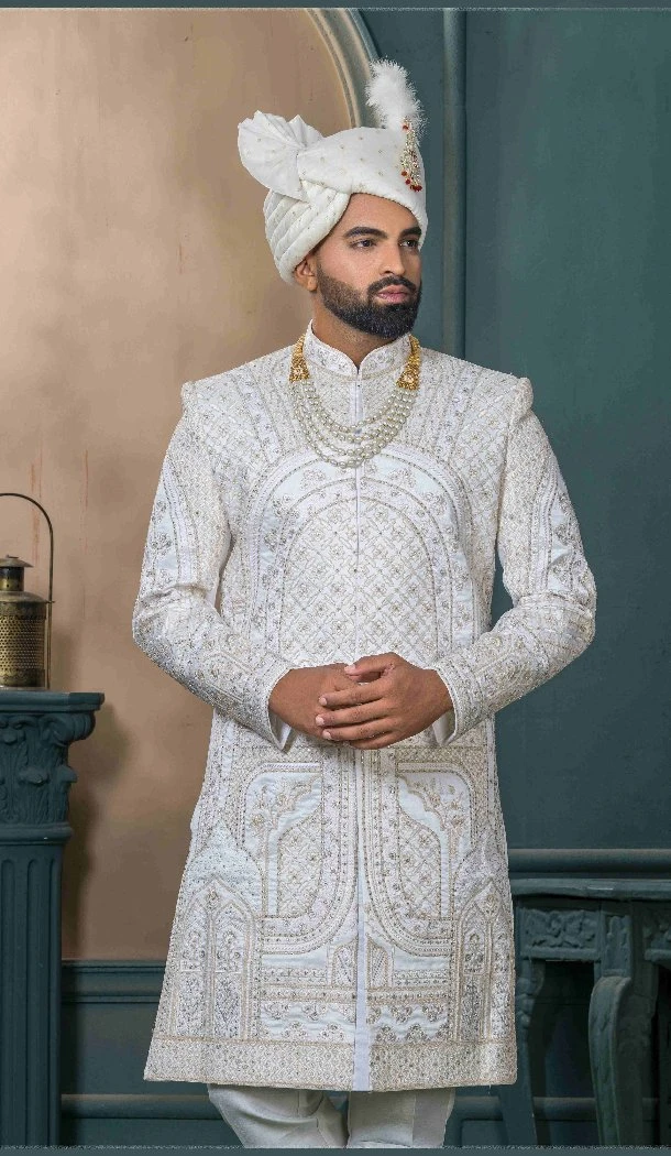 Men Ethnic Wedding Sherwani Embroidery Off white Silk - 13278211996