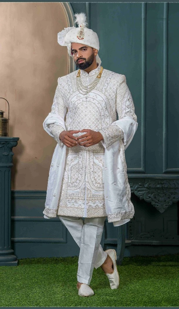 Men Ethnic Wedding Sherwani Embroidery Off white Silk - 13278211996