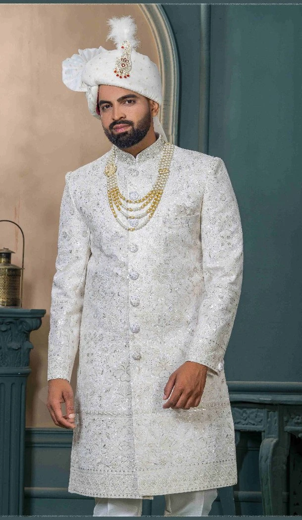 Men Cream Silk Ethnic Wedding Sherwani Embroidery - 13278211997