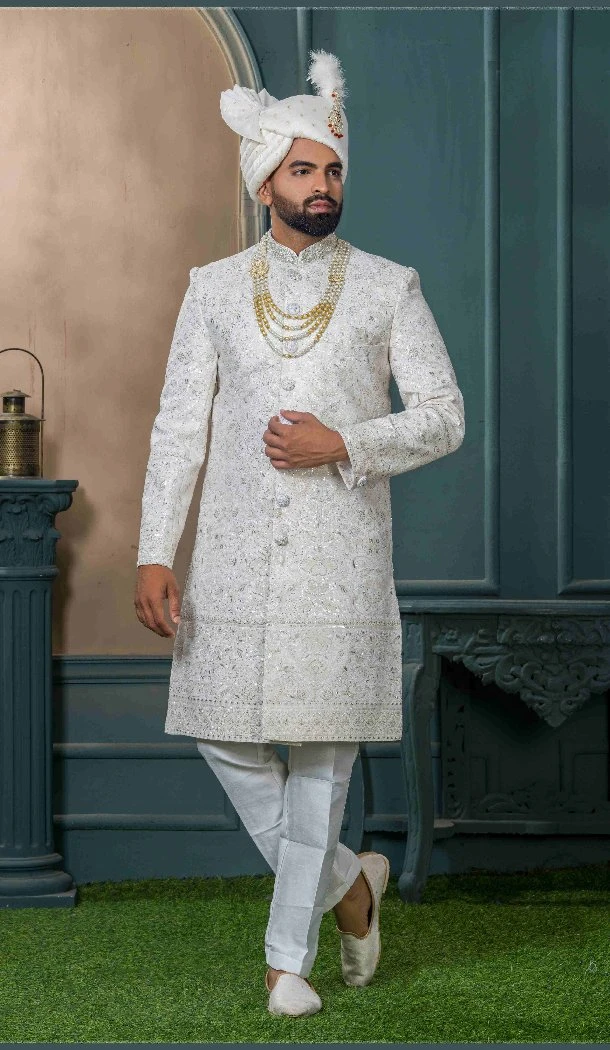 Men Cream Silk Ethnic Wedding Sherwani Embroidery - 13278211997