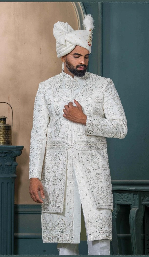 Men Silk Ethnic Wedding Sherwani Embroidery Off white - 13278211998