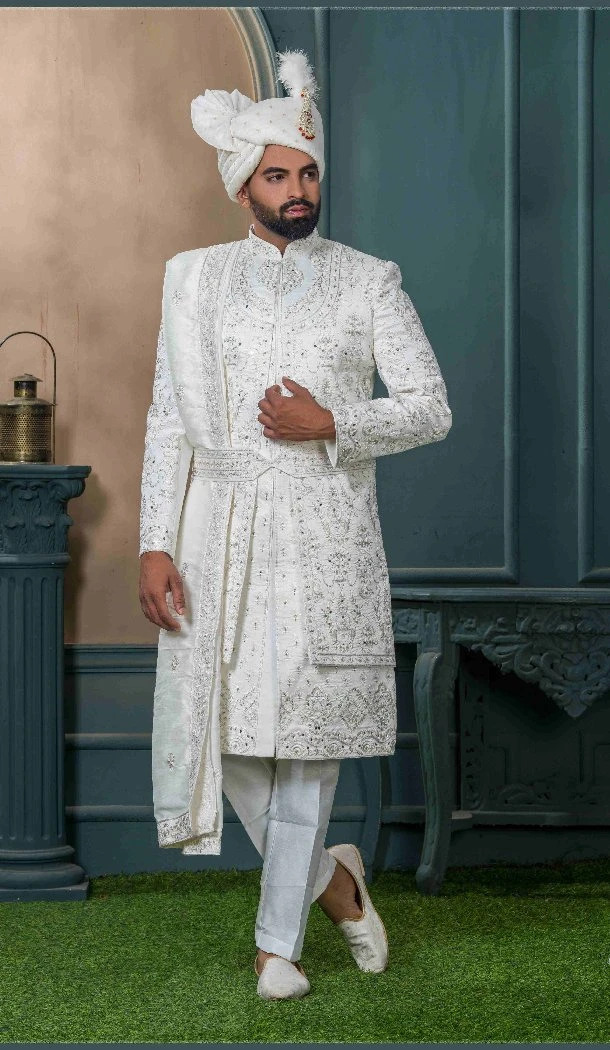 Men Silk Ethnic Wedding Sherwani Embroidery Off white - 13278211998