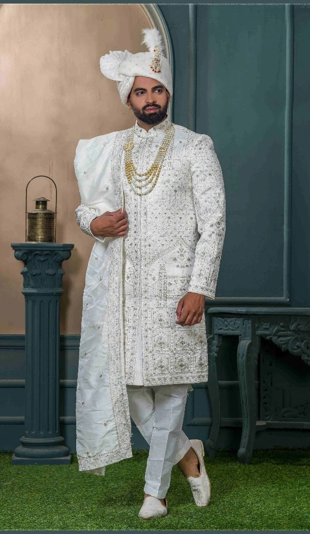 Men Silk Embroidery Ethnic Wedding Sherwani Off white - 13278211999