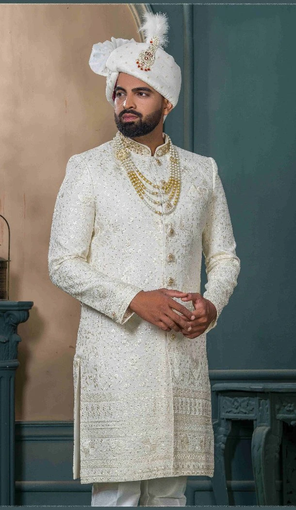 Men Cream Embroidery Silk Ethnic Wedding Sherwani - 13278212000
