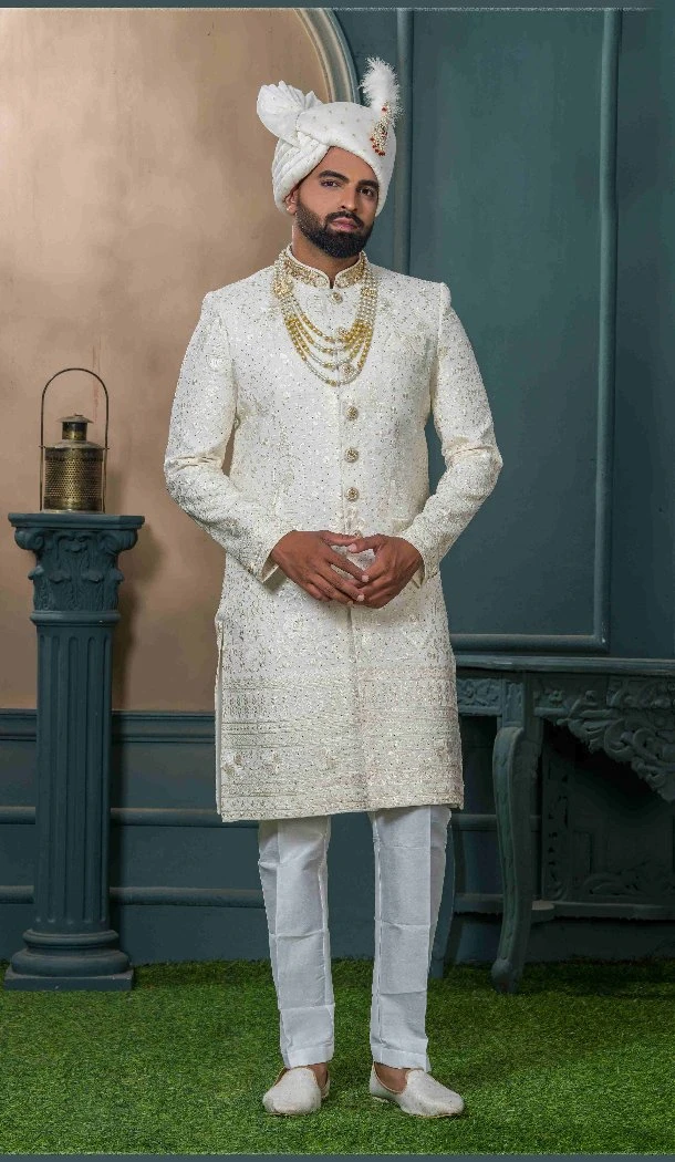 Men Cream Embroidery Silk Ethnic Wedding Sherwani - 13278212000