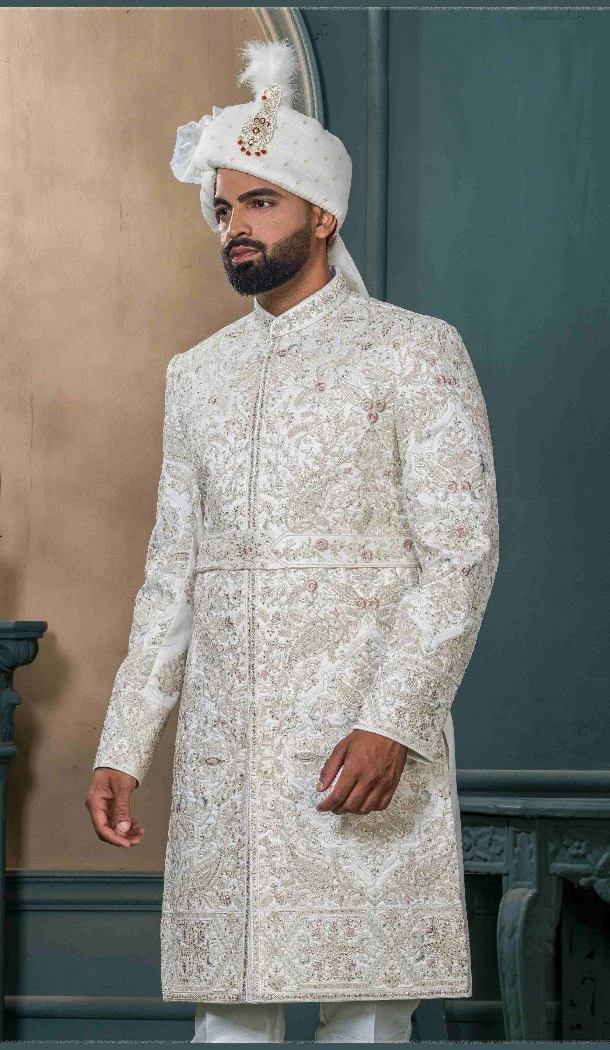 Men Embroidery Off white Silk Ethnic Wedding Sherwani - 13278212001