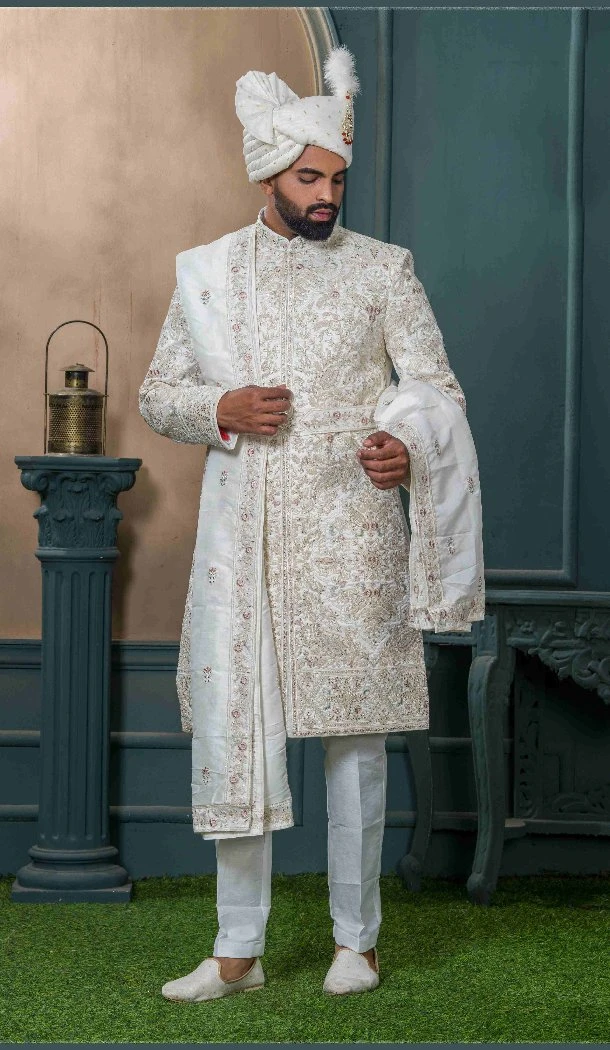 Men Embroidery Off white Silk Ethnic Wedding Sherwani - 13278212001
