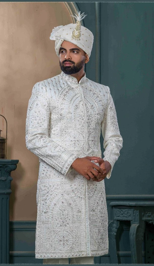 Men Ethnic Wedding Sherwani Embroidery Off white Silk - 13278212002