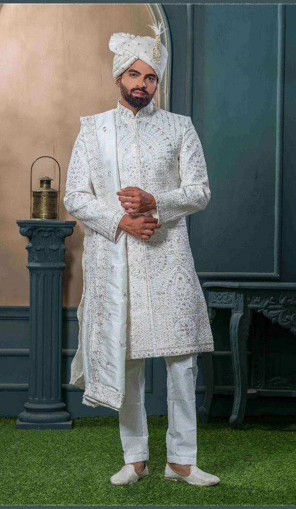 Men Ethnic Wedding Sherwani Embroidery Off white Silk - 13278212002