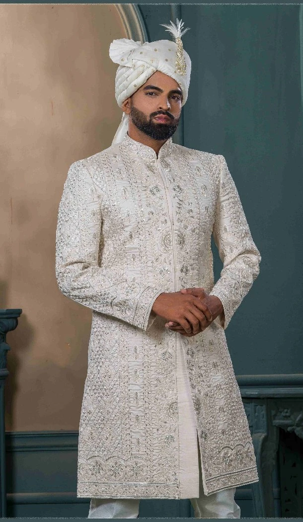 Men Embroidery Ethnic Wedding Sherwani Beige Silk - 13278212003