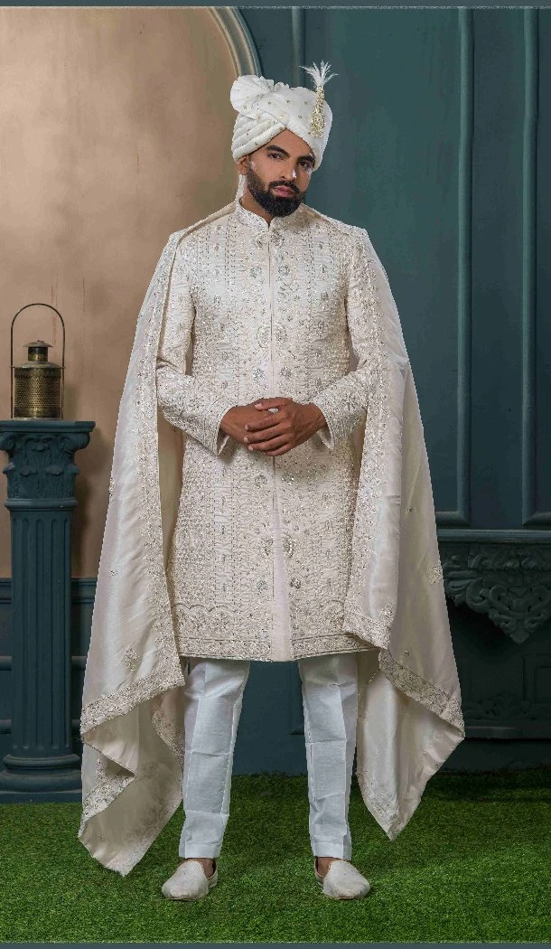 Men Embroidery Ethnic Wedding Sherwani Beige Silk - 13278212003