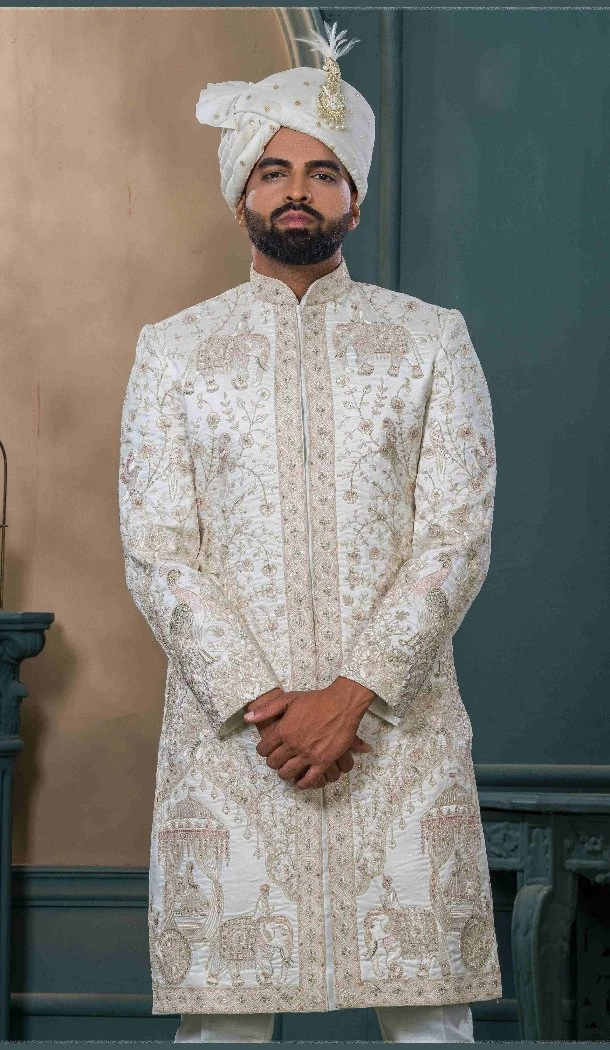 Men Embroidery Ethnic Wedding Sherwani Off white Silk - 13278212004