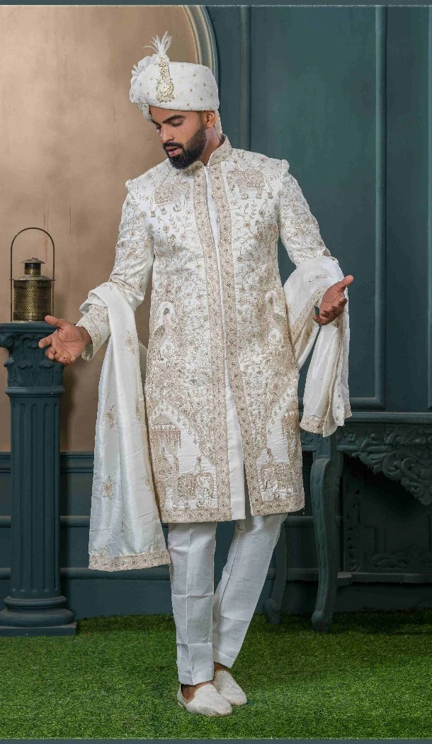 Men Embroidery Ethnic Wedding Sherwani Off white Silk - 13278212004