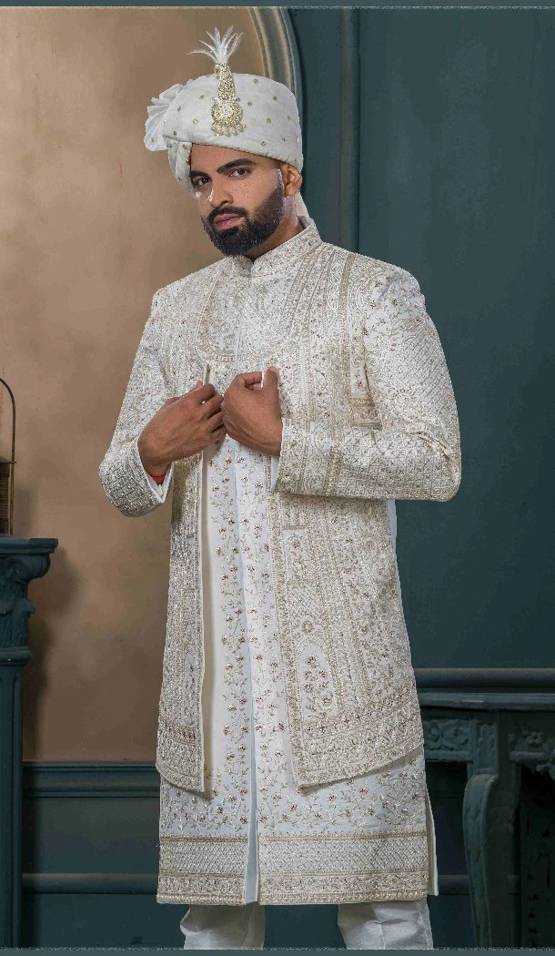 Men Silk Off white Ethnic Wedding Sherwani Embroidery - 13278212005