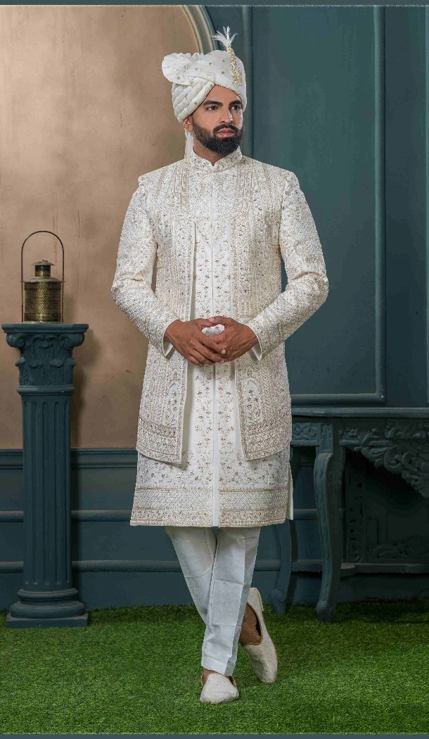 Men Silk Off white Ethnic Wedding Sherwani Embroidery - 13278212005