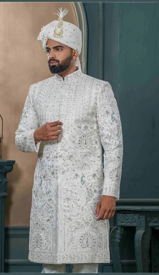 Men Embroidery Off white Ethnic Wedding Sherwani Silk - 13278212006