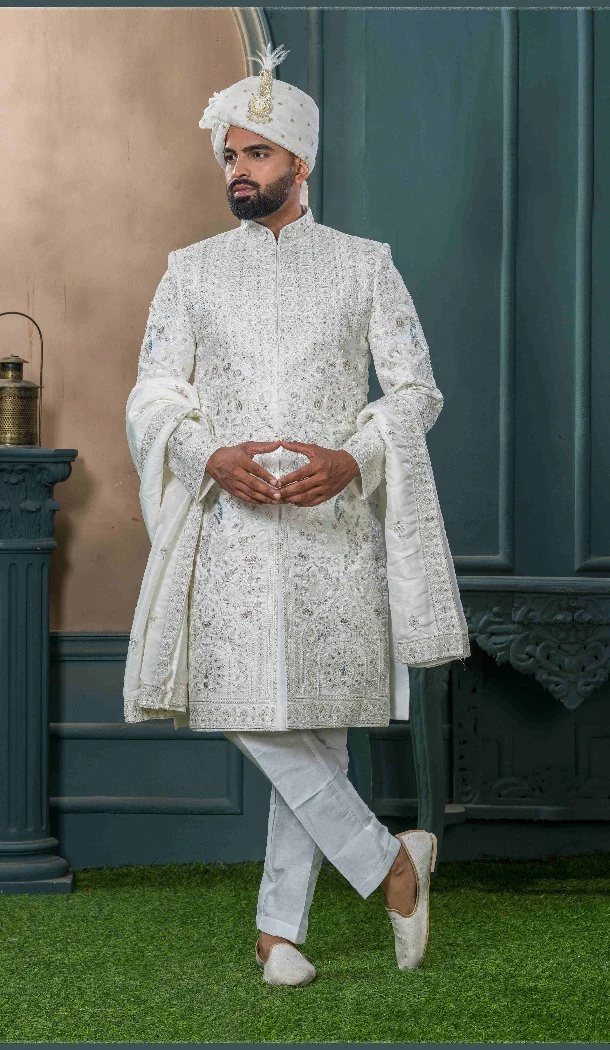 Men Embroidery Off white Ethnic Wedding Sherwani Silk - 13278212006