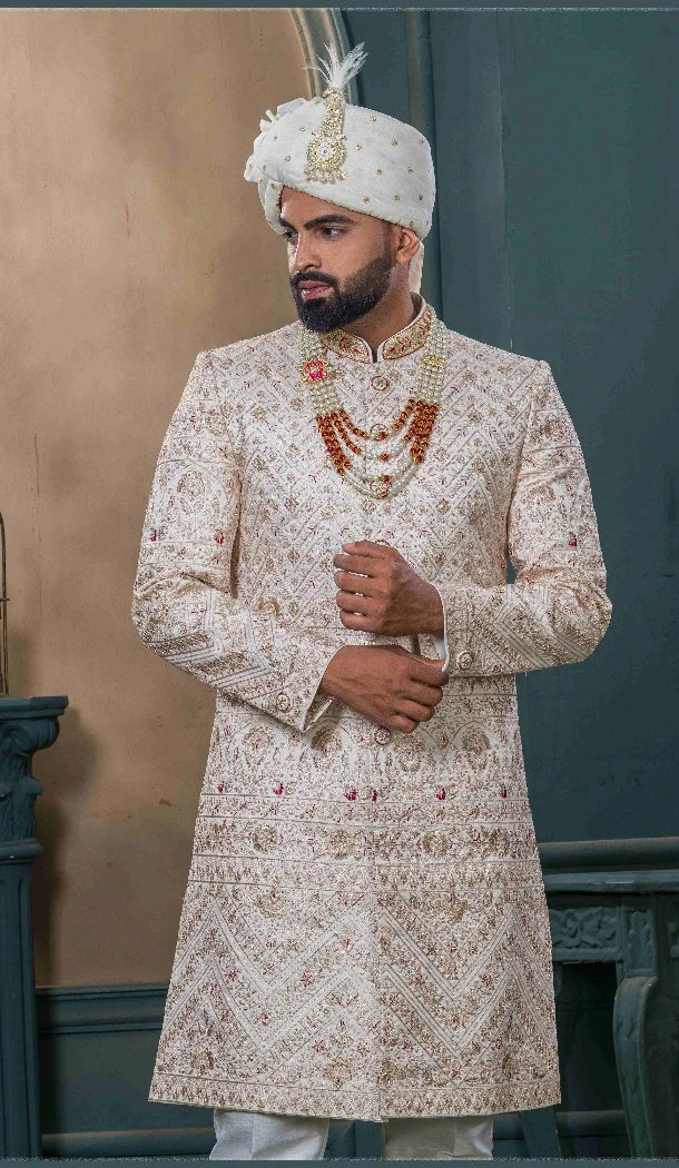 Men Ethnic Wedding Sherwani Embroidery Silk Cream - 13278212007