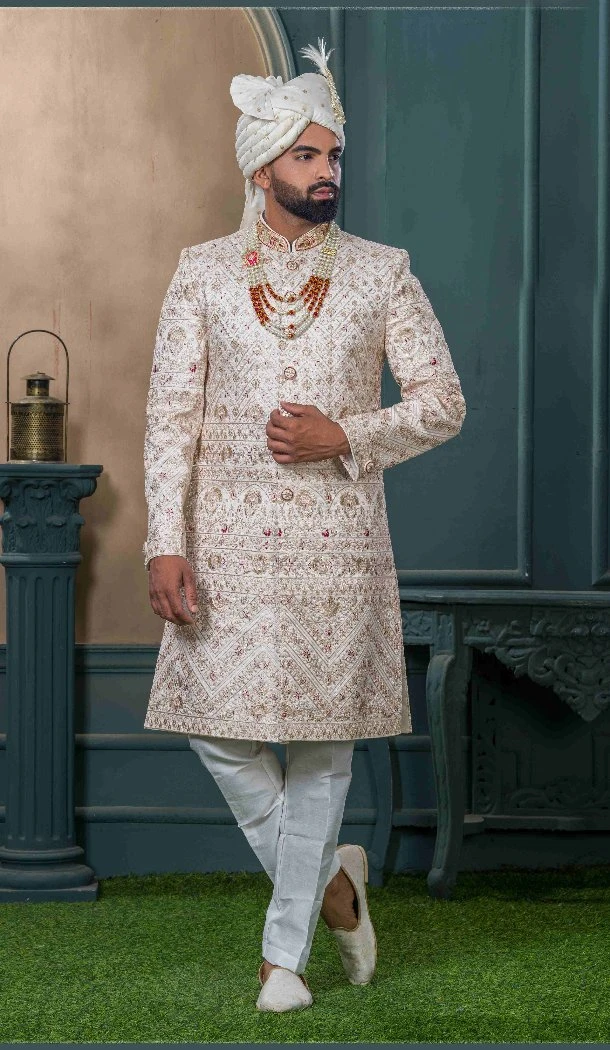 Men Ethnic Wedding Sherwani Embroidery Silk Cream - 13278212007