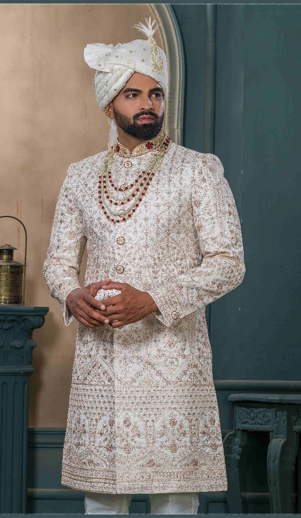 Men Cream Embroidery Ethnic Wedding Sherwani Silk - 13278212008