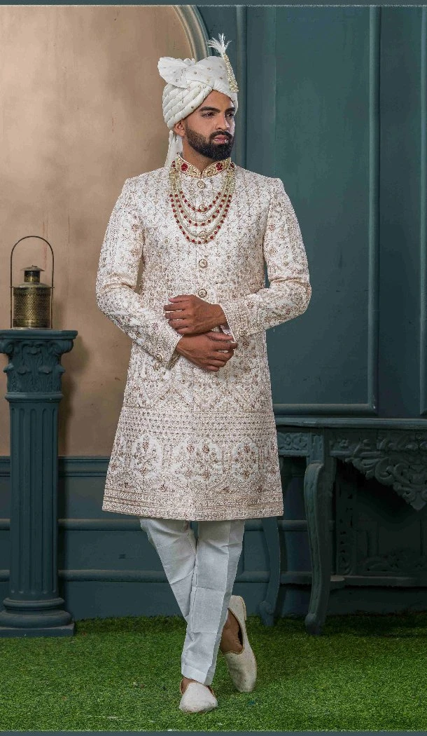 Men Cream Embroidery Ethnic Wedding Sherwani Silk - 13278212008