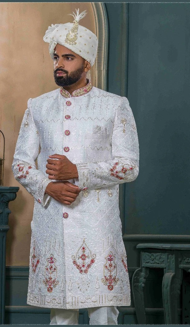 Men Ethnic Wedding Sherwani Silk White Embroidery - 13278212010