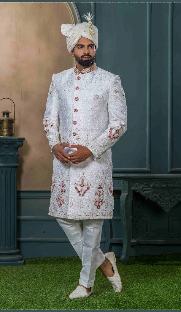 Men Ethnic Wedding Sherwani Silk White Embroidery - 13278212010