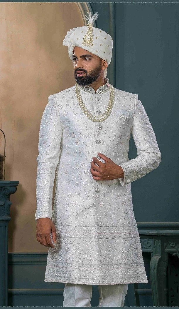 Men Ethnic Wedding Sherwani Embroidery Silk Off white - 13278212012