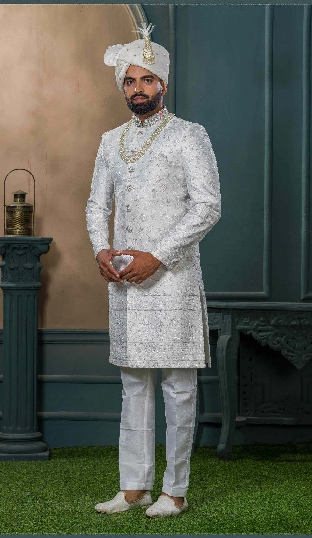 Men Ethnic Wedding Sherwani Embroidery Silk Off white - 13278212012