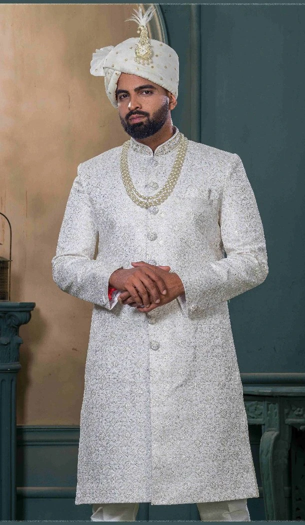 Men Ethnic Wedding Sherwani Off white Embroidery Silk - 13278212013