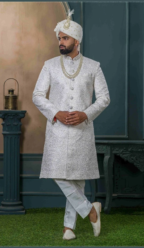 Men Ethnic Wedding Sherwani Off white Embroidery Silk - 13278212013