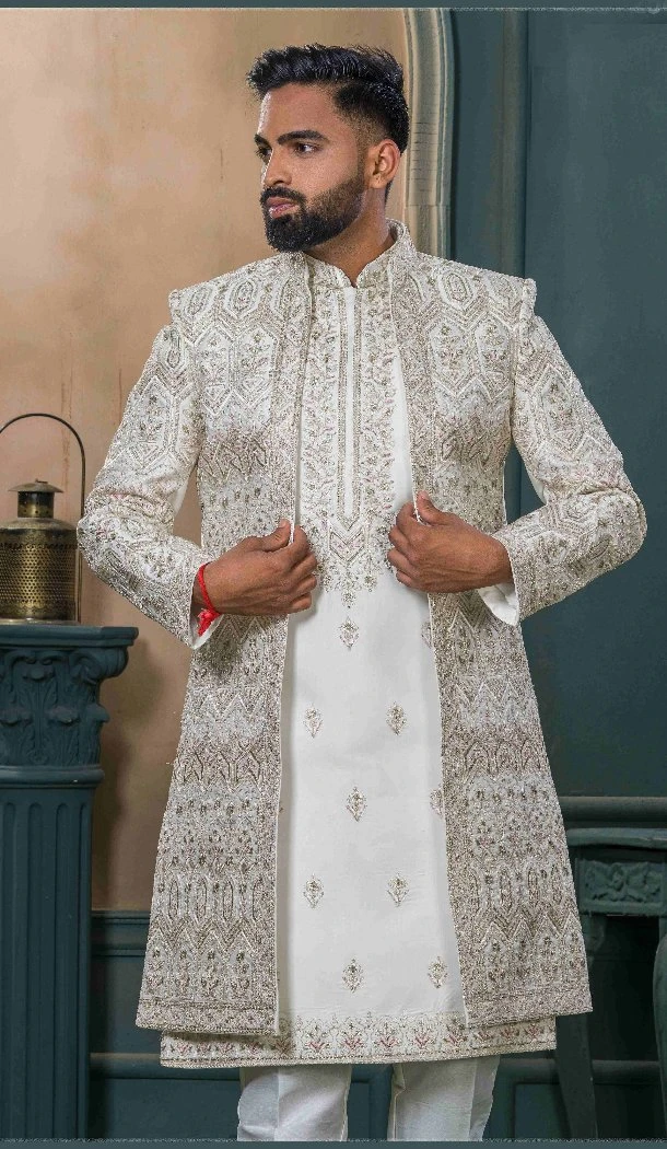 Men Silk Ethnic Wedding Sherwani Off white Embroidery - 13278212015