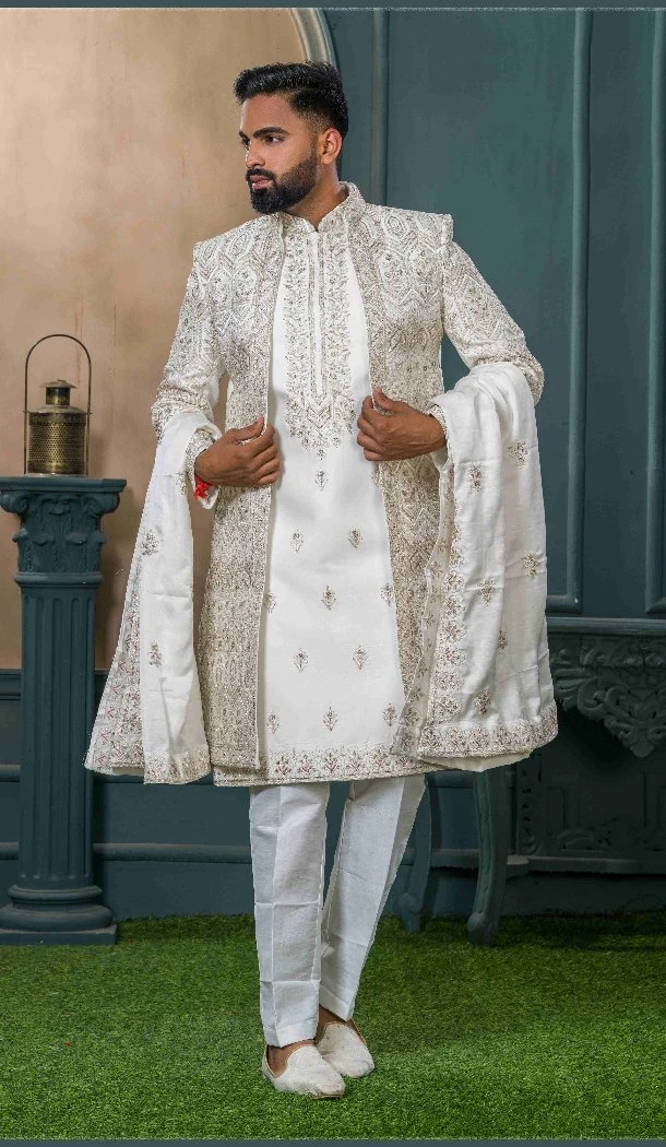 Men Silk Ethnic Wedding Sherwani Off white Embroidery - 13278212015