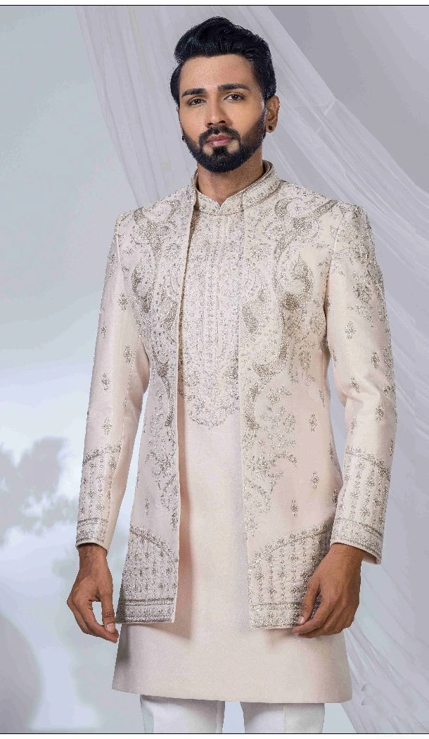 Men Imported Light Peach Ethnic Wedding Sherwani - 13279212019
