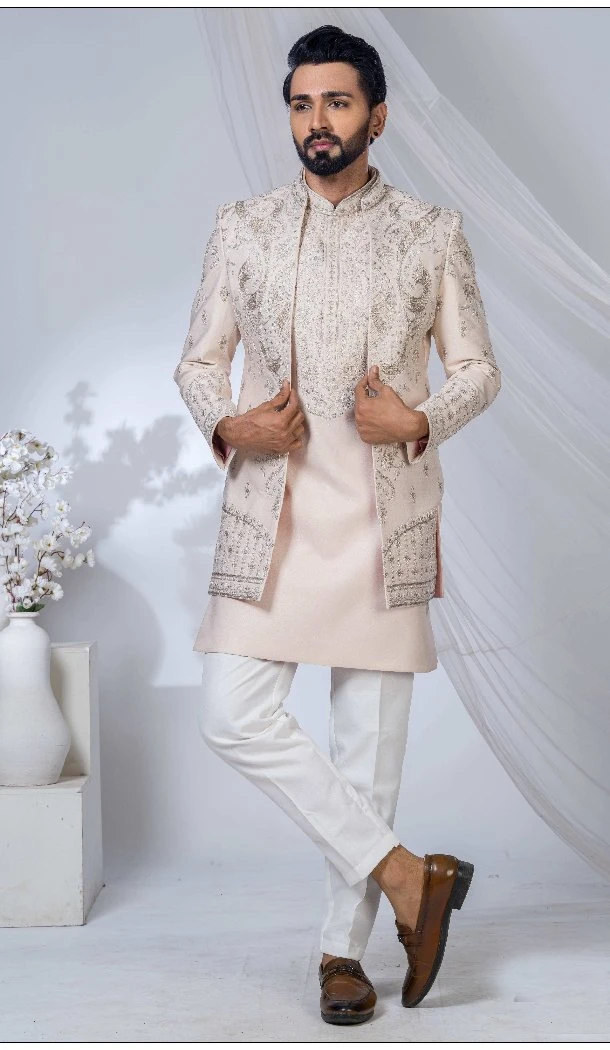 Men Imported Light Peach Ethnic Wedding Sherwani - 13279212019