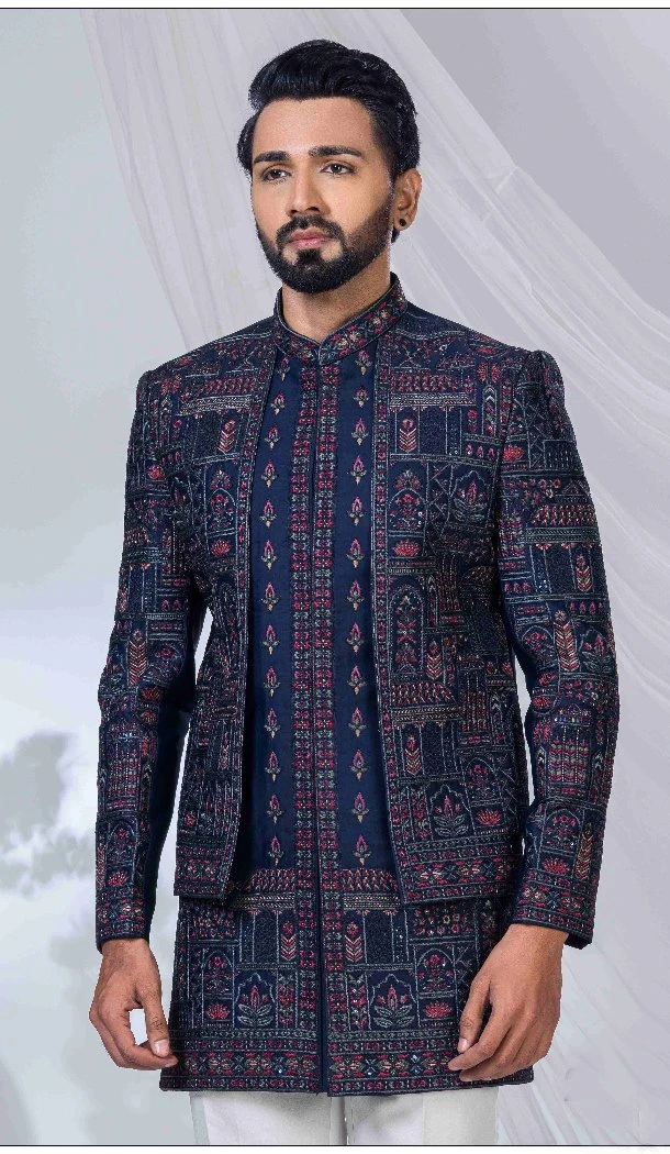 Men Imported Blue Ethnic Wedding Sherwani - 13279212022