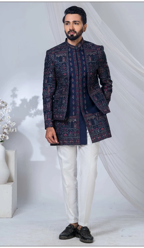 Men Imported Blue Ethnic Wedding Sherwani - 13279212022