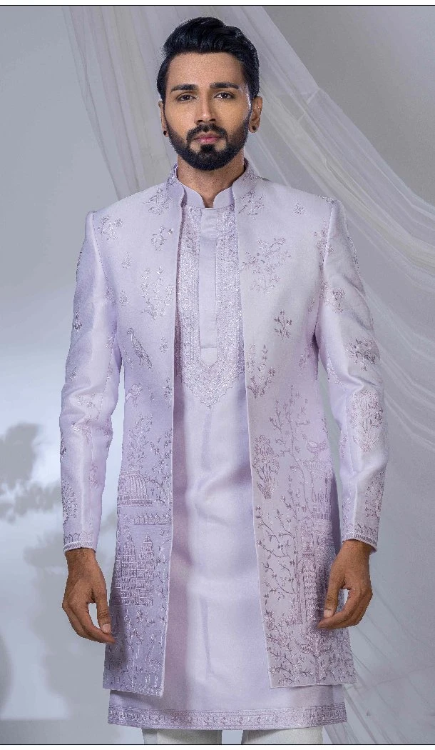 Men Purple Imported Ethnic Wedding Sherwani - 13279212023
