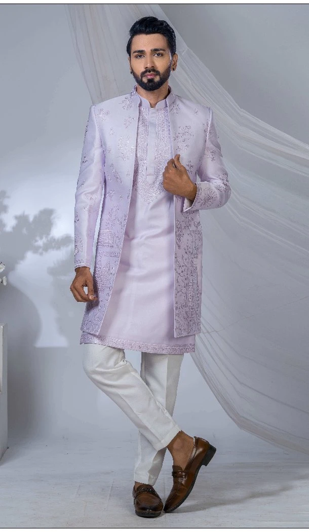 Men Purple Imported Ethnic Wedding Sherwani - 13279212023