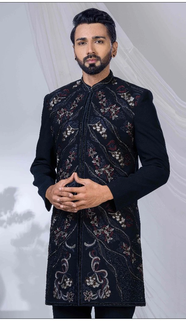 Men Ethnic Wedding Sherwani Navy Blue Imported - 13279212024