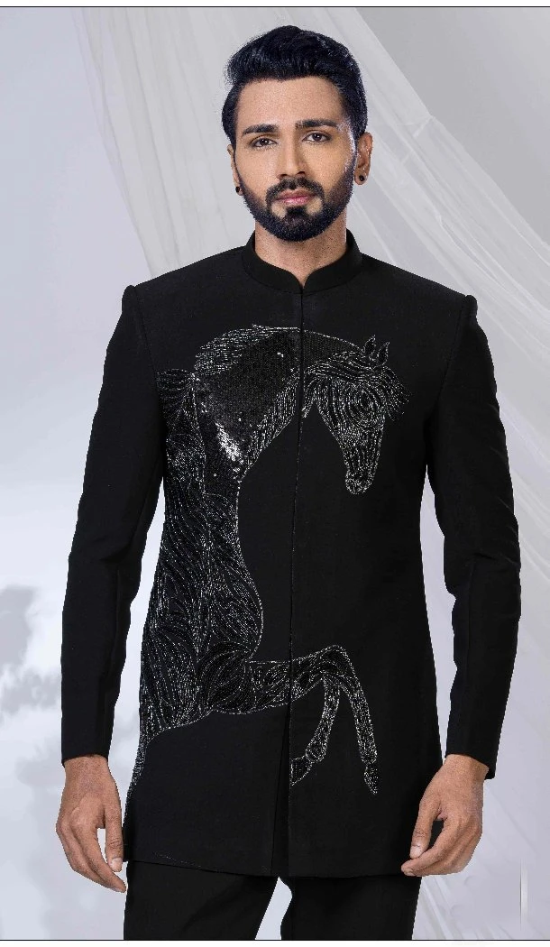 Men Imported Jade Black Ethnic Wedding Sherwani - 13279212028