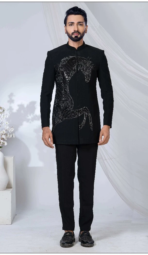 Men Imported Jade Black Ethnic Wedding Sherwani - 13279212028
