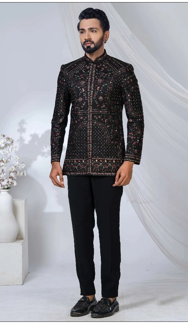 Men Black Imported Ethnic Wedding Sherwani - 13279212030