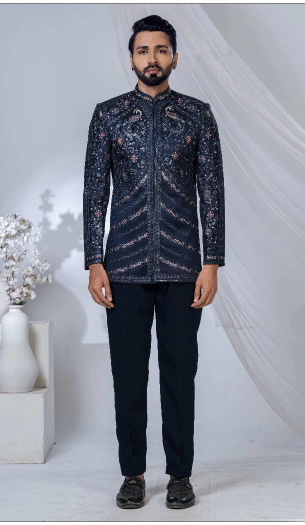 Men Blue Imported Ethnic Wedding Sherwani - 13279212034