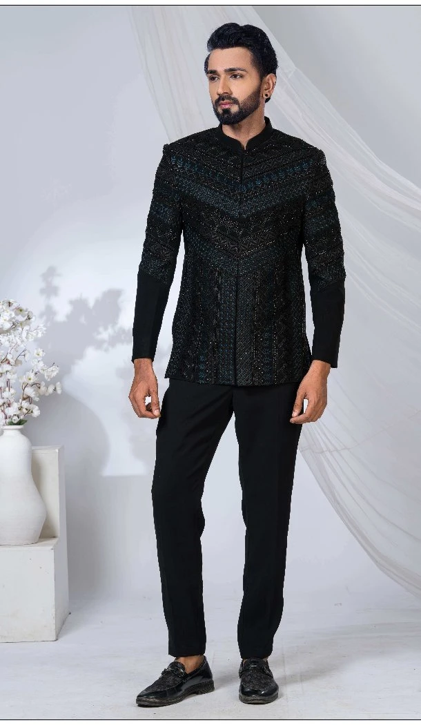 Men Black Imported Ethnic Wedding Sherwani - 13279212036